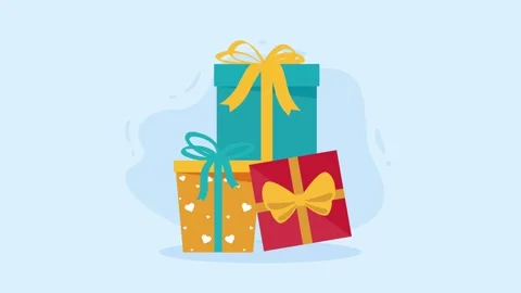 Animated gift boxes falling into pile with bows and patterns for celebratio.. Stockbeeldmateriaal 333721842