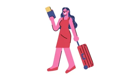 Animated girl pulls suitcase while holding passport smiling ready for travel. Stock Footage 317301352