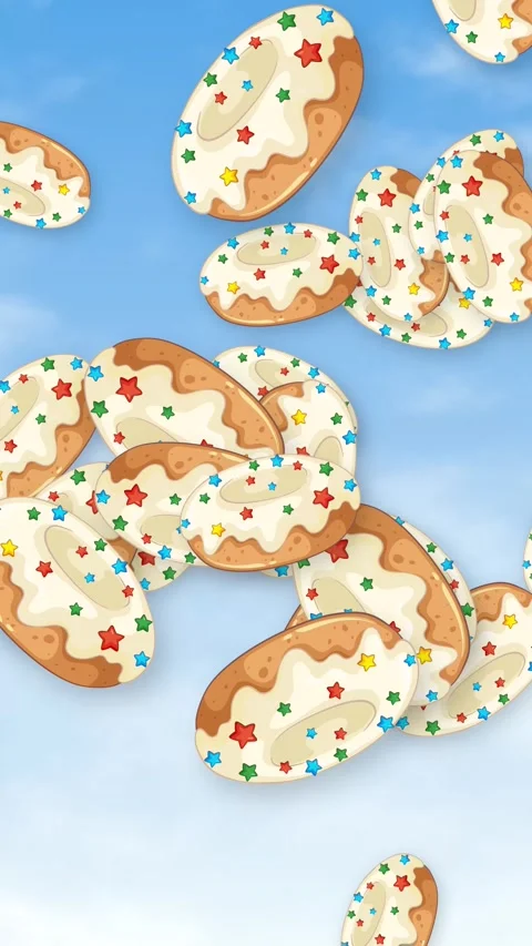 Animated Glazed Donuts with Star Sprinkles Falling Against Blue Sky Stock Footage 345316869