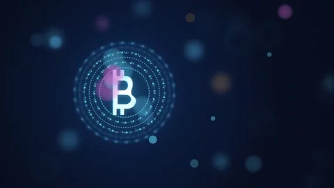 Animated glitching Bitcoin symbol inside dotted HUD rings with bokeh on navy Stock Footage 346884161