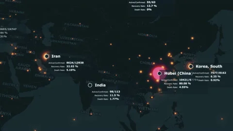 Animated global map showing confirmed covid-19 coronavirus cases spreading from Stock Footage 157397254