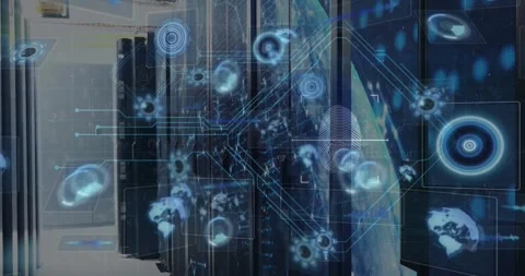 Animated global tech concept shows network connections and security over a Stock Footage 328586179