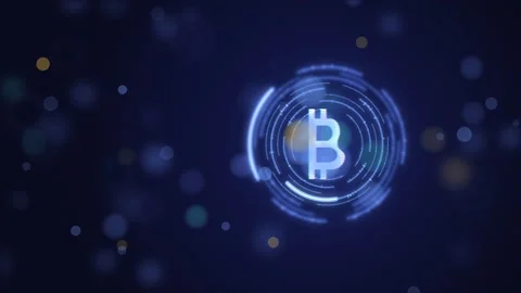 Animated glowing Bitcoin symbol inside rotating HUD rings with bokeh on dark 스톡 동영상 346883943
