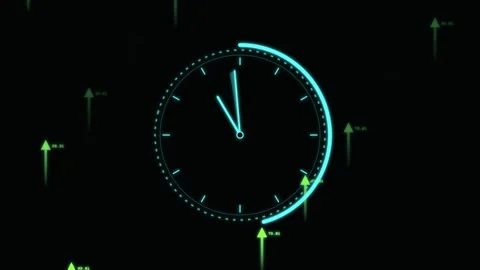 Animated glowing clock face with rising green arrows 4K Stock Footage 346159679
