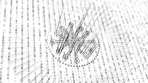 An animated glowing computer chip with flowing binary data streams, created for Stock Footage 319826309