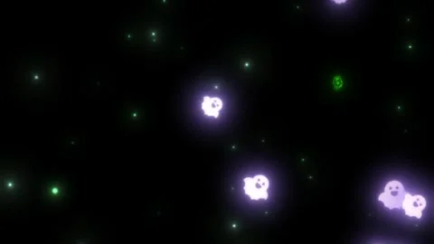 Animated glowing ghosts floating amidst green sparkles against a deep black Stock Footage 345329943