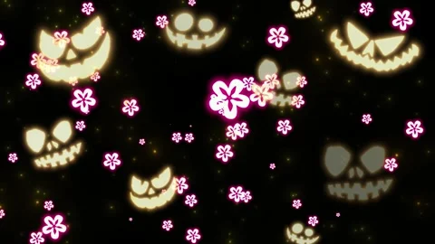 Animated glowing halloween jack o lantern faces floating with pink floral Vidéo 345330174