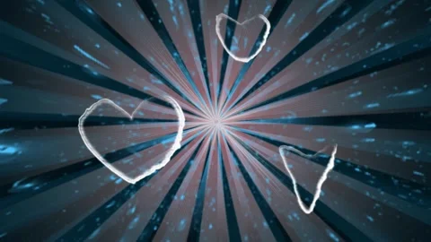 Animated glowing hearts floating over dark blue radial sunburst background Stock Footage 345135154