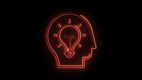 Animated glowing neon human head with light bulb idea symbol on black background Stock Footage 322983264