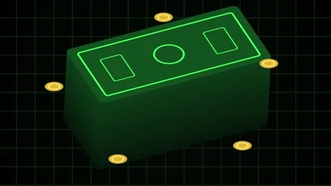 Animated glowing stack of digital money bills and orbiting gold coins in a Stock Footage 338410381
