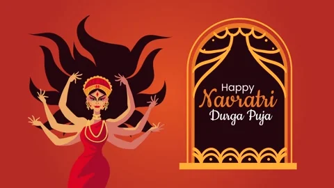 Animated goddess Durga and happy Navratri Durga Puja text on red background. 스톡 동영상 339072640