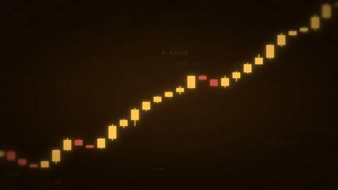 Animated gold candlestick chart rising with blurred price figures on dark 스톡 동영상 346873574