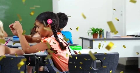 Animated gold confetti falling, braided girl leaning across desk whispering Stock Footage 333962986