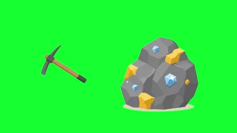 Animated gold ore stone with mining pickaxe tool loop on green screen backg.. Stock Footage 340382651