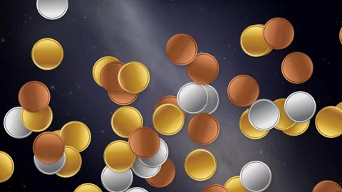 Animated Gold Silver and Bronze Coins Bursting Over Starry Background Stock Footage 344832138