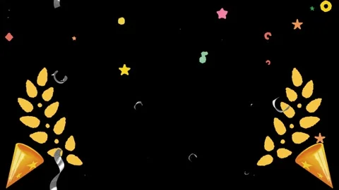 Animated golden party poppers exploding with confetti against dark background Video stock 338389182