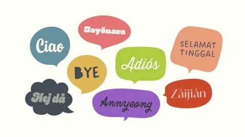 Animated Goodbye greetings in multiple languages with colorful speech bubbles. Video stock 301745219