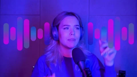 Animated graphic of equalizer in motion and woman singing in studio Stock Footage 260961879