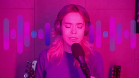 Animated graphic of equalizer in motion and woman singing in studio Stock Footage 261078362