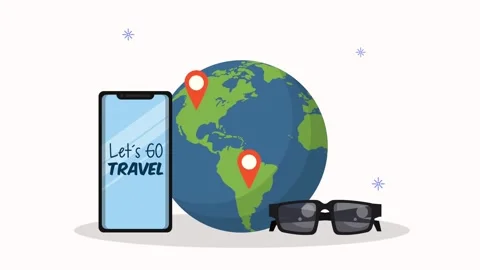 Animated graphic featuring planet earth with smartphone showing lets go tra.. Stock Footage 339111970