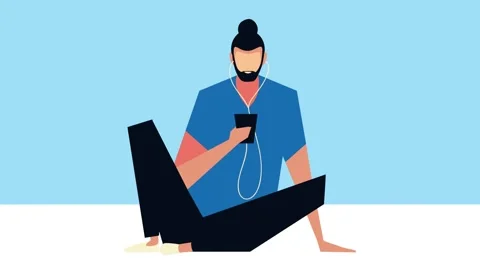 Animated graphic of man with beard sitting on floor and listening to music .. 動画素材 338314805