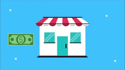 Animated graphic of store building interacting with money and shopping bag .. Stock Footage 339215438