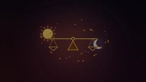 Animated graphic of the sun and moon revolving around a balance scale on a dark Stock Footage 344327599