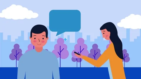 Animated graphic of two young people communicating through mobile devices i.. Video stock 338365590