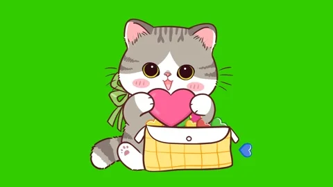 Animated Gray Kitten with a Bag Full of Hearts Green Screen Stock Footage 282789379