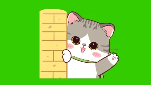 Animated Gray Kitten Waving from Behind a Wall - Green Screen Stock Footage 282789605