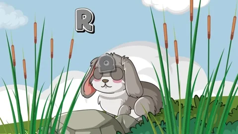 Animated Gray Rabbit in a Scenic Pond Landscape with Educational Text Stock Footage 332319707