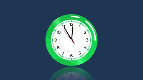 Animated Green Analog Clock Counting Down to Twelve O'Clock on Dark Blue Bac Stock Footage 339364215