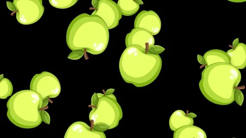 Animated Green Apples Falling Downward Against a Solid Black Background Stock Footage 344843581