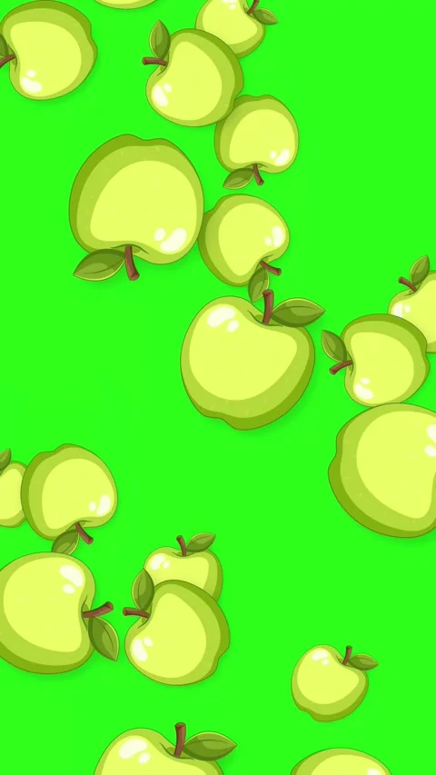 Animated Green Apples Falling Downward on a Bright Green Background Stock Footage 345118052