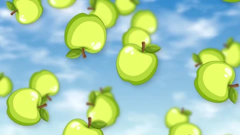 Animated Green Apples Falling Downwards Against a Blue Sky Background Stock Footage 345304293