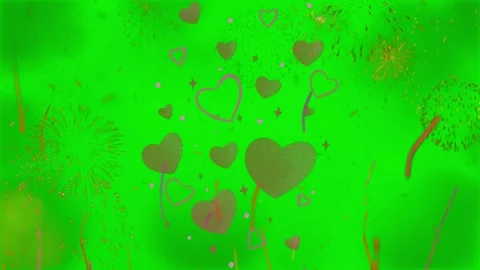 Animated green background featuring floating hearts and bursting fireworks for 库存影片 344240431