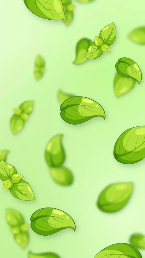 Animated Green Basil Leaves Falling Downward on Light Green Background Stock Footage 342316071