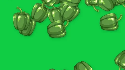 Animated Green Bell Peppers Falling Against a Solid Green Background Stock Footage 342100876
