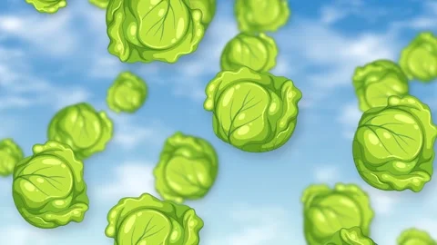 Animated Green Cabbage Heads Falling Against a Bright Blue Sky Stock Footage 342237422