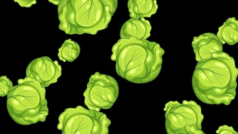 Animated Green Cabbage Heads Falling Against a Solid Black Background Stock Footage 342467793