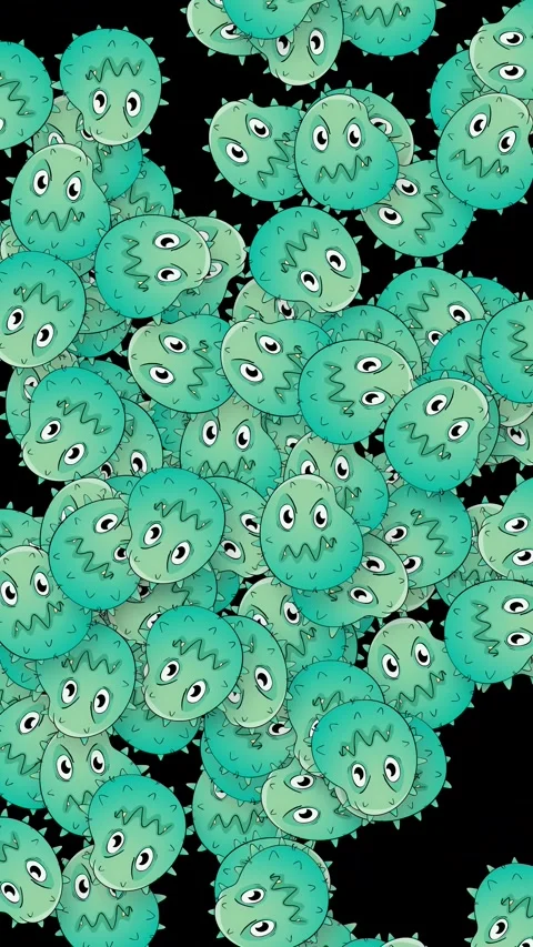 Animated Green Cartoon Germs Falling Against a Black Background Stock Footage 342779952