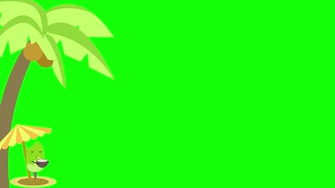 Animated green character relaxing under tropical palm tree drinking beverage on Stock Footage 340940669