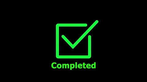 Animated green checkmark in box with completed text on black background. Stock-Footage 337444052