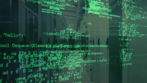 Animated green code beginning drifting over server aisle, shifting, thinning, Stock Footage 328079962
