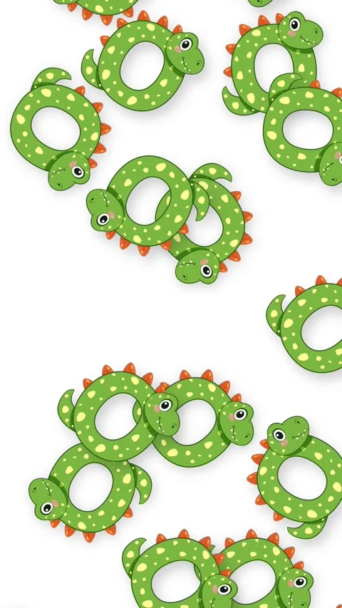 Animated Green Dinosaur Inflatable Rings Falling on White Background Stock Footage 342099552
