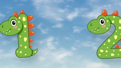 Animated Green Dinosaur Numbers Floating Across a Blue Cloudy Sky Stock Footage 340259862