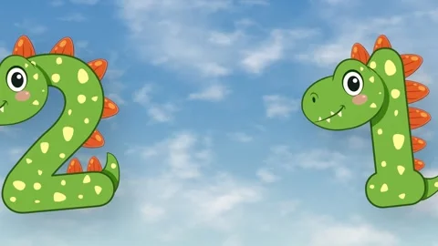 Animated Green Dinosaur Numbers Floating Across a Blue Sky Background Stock Footage 342780101