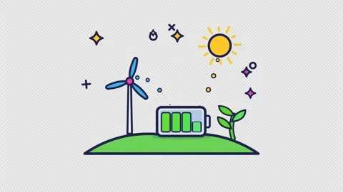 Animated Green Energy Concept Wind Turbine Battery Charging Sun Icon Stock Footage 347471753