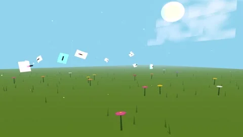 Animated green field with floating abstract shapes during daytime with clouds 库存影片 347615848