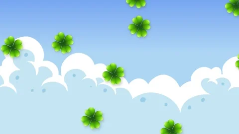 Animated Green Four Leaf Clovers Falling Against Blue Sky and Clouds Stock Footage 339043480